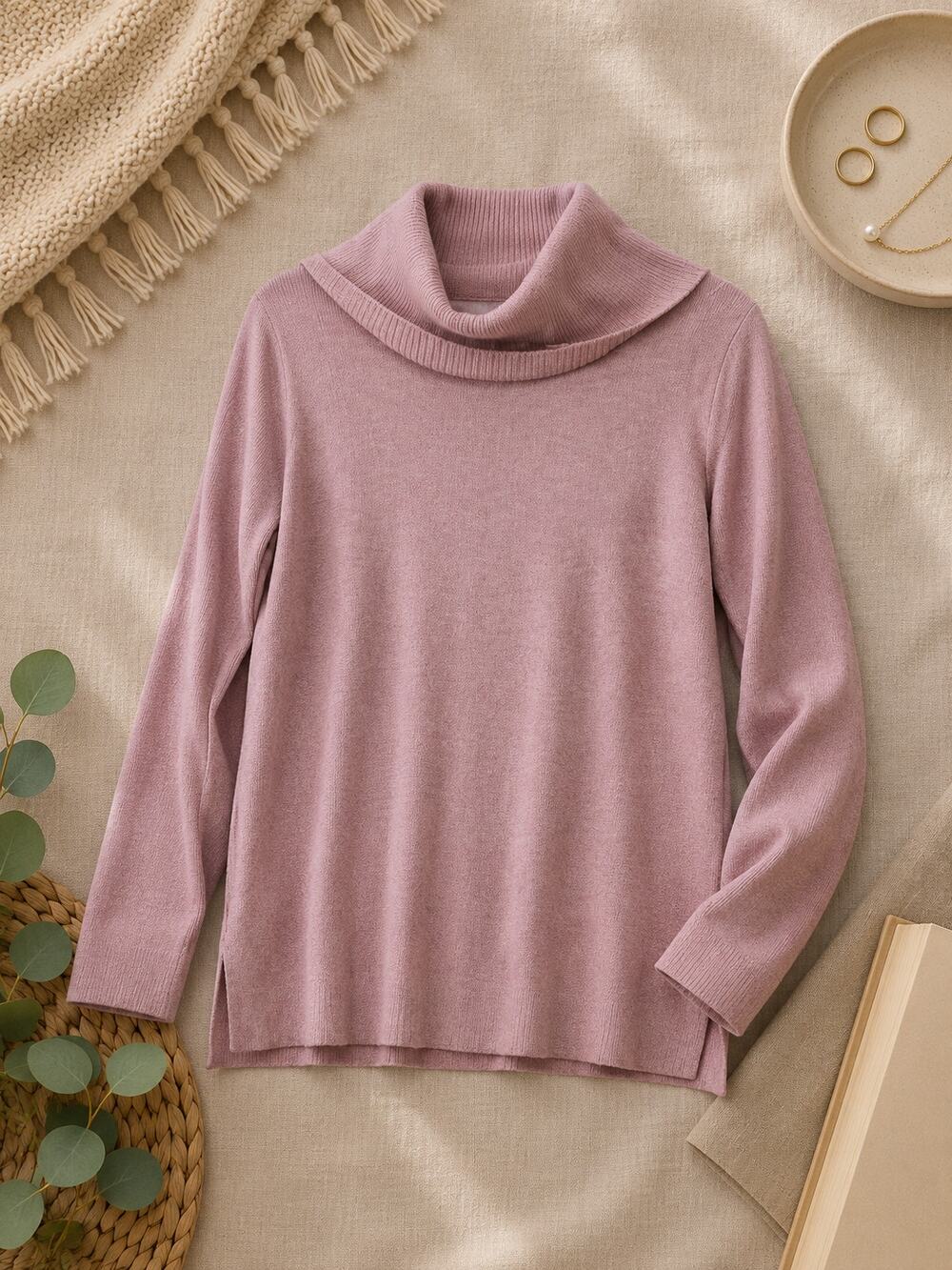 Loft Women's Cowl Neck Tunic Sweater Dusty Pink Long Sleeve Soft Girl Size L